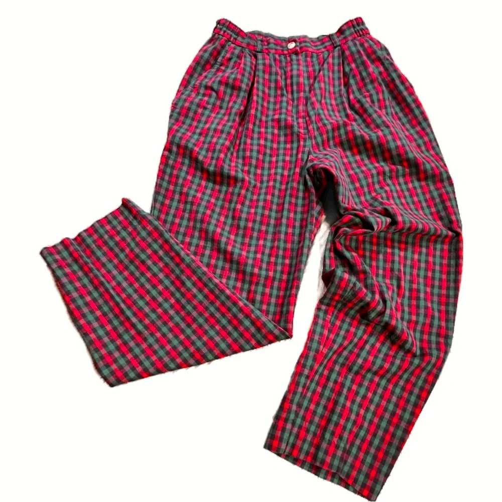 VINTAGE 80s tartan plaid check cotton trouser pants high waisted preppy academia